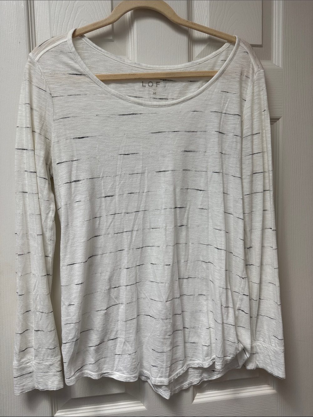 LOFT White Long Sleeve Slub Tee with Thin Black Stripes